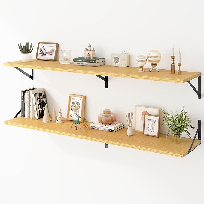 Acovy Deep Floating Shelves Wall Mounted, 55"x12" Oak Wall Shelves with Brackets Set of 2 for Bedroom, Living Room, Bathroom, Kitchen, Office - Storage & Display Shelf for Decor, Books, Plants