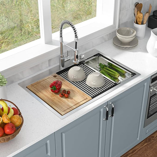 30 Drop In Kitchen Sink - Oumuch 30x22 Inch Stainless Steel Drop In Single Ledge Workstation Sink 16 Gauge Single Bowl Topmount Sink, 30"x22"x9"