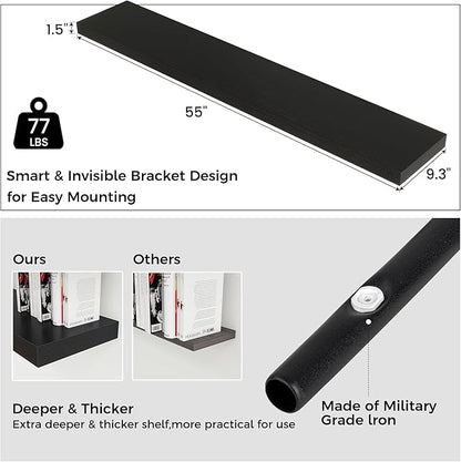 Venusmiles Floating Shelves for Wall, Engineered Wood Wall Shelves with Invisible Brackets for Living Room Bedroom Bathroom Office Kitchen Decor and Storage (Black, 55" W x 9" D x 1.5" H) Set of 1