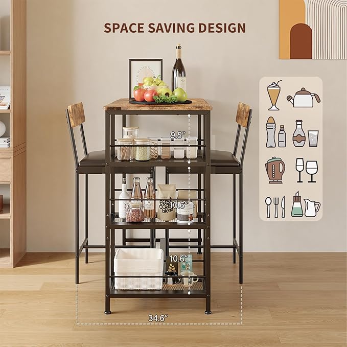 3-Piece Modern Dining Set, Dining Table Set with 2 Upholstered Bar Stools,Bar Table Set w/ Metal Frame&Built-in Wine Rack for Kitchen Dining Room Apartment Breakfast Nook 36"Lx 16.7"W x 37.2"H Retro