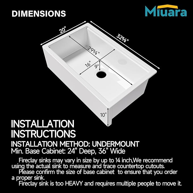 Miuara Self Trimming Farmhouse Workstation Sink 33 Inch - Tall Apron Front Fireclay Kitchen Sink 33"x20"x10", Dual Mount: Undermount & Topmount, Farm House Style Single Bowl, Glossy White, for Kitchen