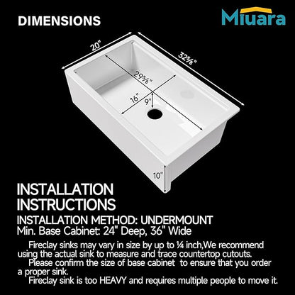 Miuara Self Trimming Farmhouse Workstation Sink 33 Inch - Tall Apron Front Fireclay Kitchen Sink 33"x20"x10", Dual Mount: Undermount & Topmount, Farm House Style Single Bowl, Glossy White, for Kitchen