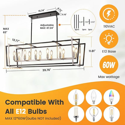 WJShome Dining Room Light Fixture/Chandelier Over Table, 12-Light Kitchen Island Lighting, 40" Hanging for Farmhouse Linear Chandeliers Modern Black and Brushed Nickel Ceiling Pendant Light Fixtures