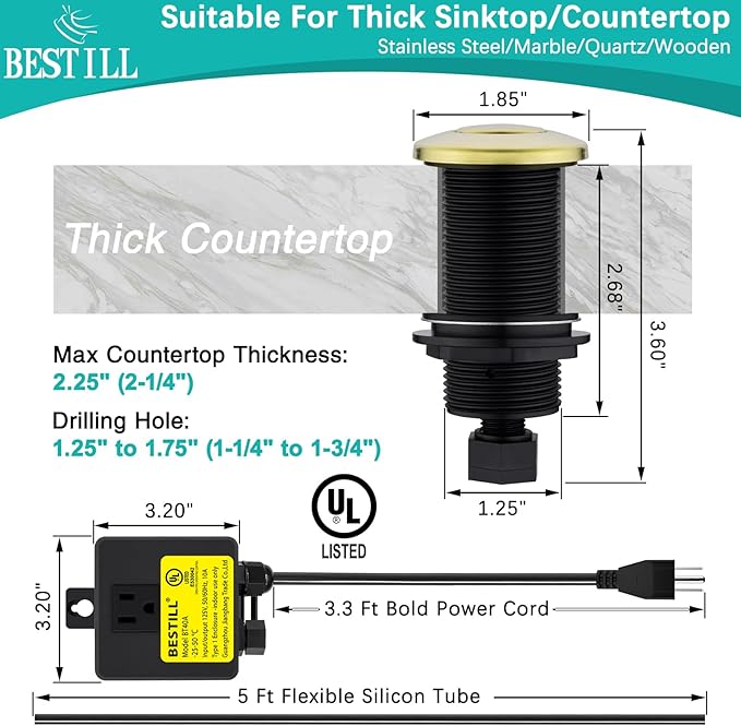 BESTILL Garbage Disposal Air Switch Kit - Professional, UL Listed Brushed Gold 3.6" Long Sink Top On/Off Push Button for Waste Disposer, Brass Made Cover, Compatible with all Garbage Disposals