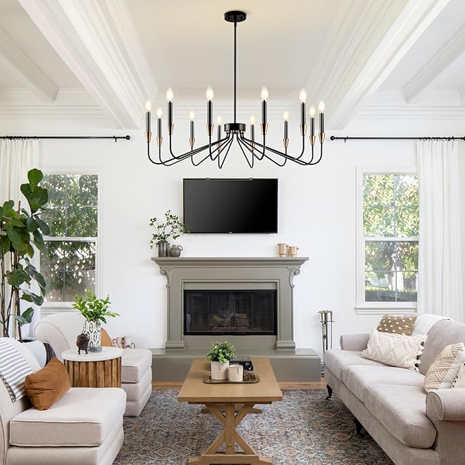 Black Chandelier 38'' Modern Farmhouse Candle Light Fixture 12-Light Large Black and Gold Dining Room Chandleiers High Ceiling Hanging Living Room Lighting Entryway Kitchen Island