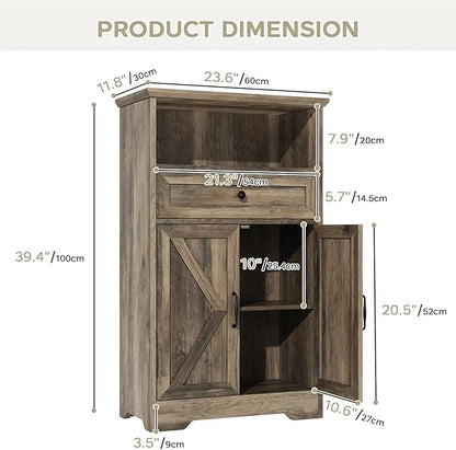 Floor Cabinet, Farmhouse Storage Cabinet with Barn Doors and Drawer, Freestanding Adjustable Shelf Organizer for Bathroom, Kitchen, Living Room Grey