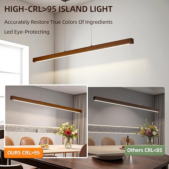 59'' Wood Linear Pendant Light,Dimmable Kitchen Island Lighting with Remote,28W LED Island Lights for Kitchen,inear Chandelier for Dinning Room Light Fixture,Pool Table Light Walnut