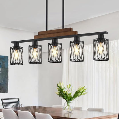 5-Light Farmhouse Kitchen Island Lighting Dining Room Light Fixture Over Table Matte Black Rustic Wood Hanging Kitchen Chandelier with Metal Shade Adjustable Height Pendant Lights for Dining Room