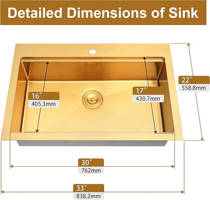 Gold Kitchen Sink, 33" x 22" Drop In Kitchen Sink,16 Gauge Stainless Steel All In One Workstation Sink with Ledge & Accessories, 33" x 22" x 10" Large and Deep Top Mount Kitchen Sinks