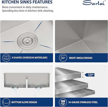 Sarlai Undermount Kitchen Sink - 36 Inch Kitchen Sink Double Bowl 50/50 Low Divide Undermount 36x19 Under-mount Sink Stainless Steel 16 Gauge Rectangular Kitchen Sinks Basin with Accessories