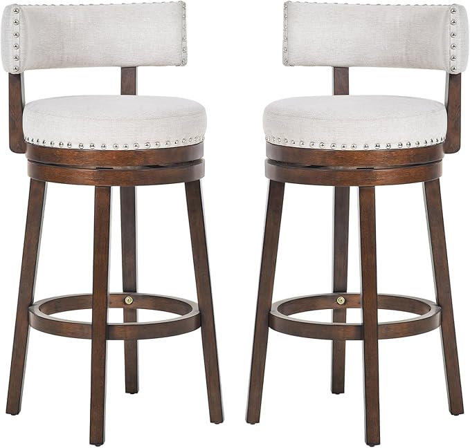 COLAMY Swivel Bar Stool Set of 2, Bar Height Bar Chair, Modern Barstool with Back, Upholstered Wood Barstool for Kitchen Island Dining Room, Beige