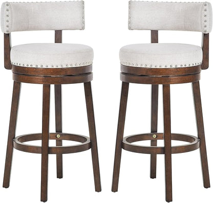 COLAMY Swivel Bar Stool Set of 2, Bar Height Bar Chair, Modern Barstool with Back, Upholstered Wood Barstool for Kitchen Island Dining Room, Beige