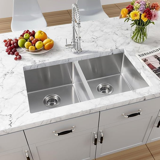 Rhbamoa 32 Inch Double Bowl Kitchen Sink Undermount,16-GaugeT304 Stainless Steel Kitchen Sink,50/50 Undermount Double Sinks with Accessories,Deep Sinks with Brushed Finish,Round Corner