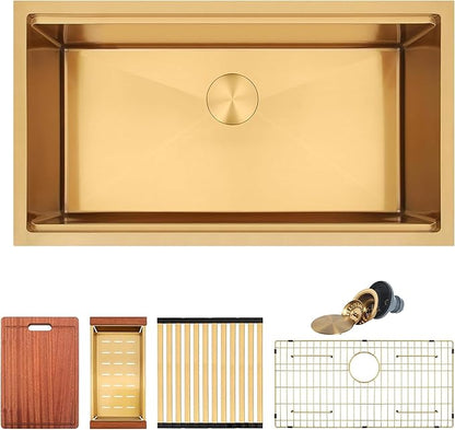 Gold Undermount Kitchen Sink 33 Inch,16 Gauge SUS304 Stainless Steel All In One Workstation Sinks With Full Set Accessories, 33" x 18" x 10" Large and Deep Handmade Single Bowl Kitchen Sinks