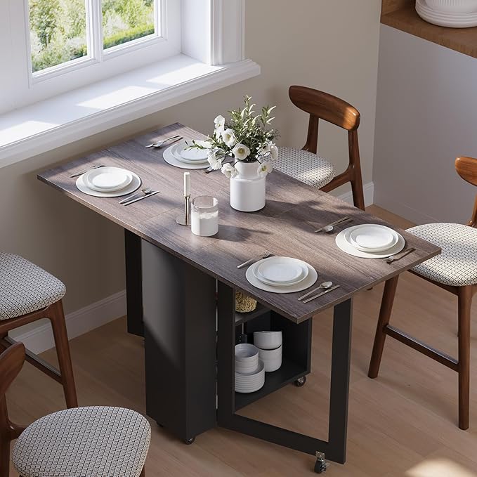 LotFun Folding Dining Table with 2 Storage Racks, Space Saving Dining Table with 6 Wheels, Kitchen Table for Small Spaces
