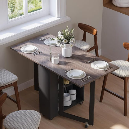 LotFun Folding Dining Table with 2 Storage Racks, Space Saving Dining Table with 6 Wheels, Kitchen Table for Small Spaces