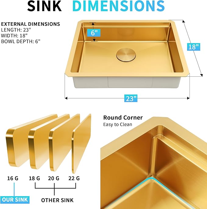 Gold Kitchen Sink Undermount 23 Inch,16 Guage Stainless Steel Workstation Sinks with Ledge & Accessories, 23" x 18" x 6" ADA-Compliant Single Bowl Small Kitchen Sink, 6 Inch Deep Gold Sink