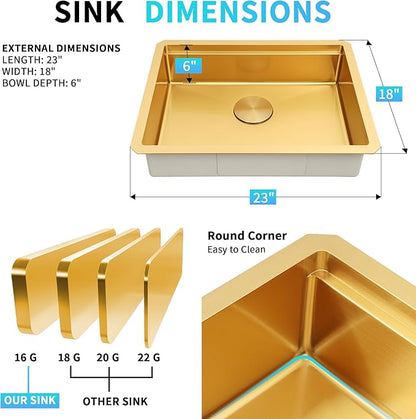 Gold Kitchen Sink Undermount 23 Inch,16 Guage Stainless Steel Workstation Sinks with Ledge & Accessories, 23" x 18" x 6" ADA-Compliant Single Bowl Small Kitchen Sink, 6 Inch Deep Gold Sink
