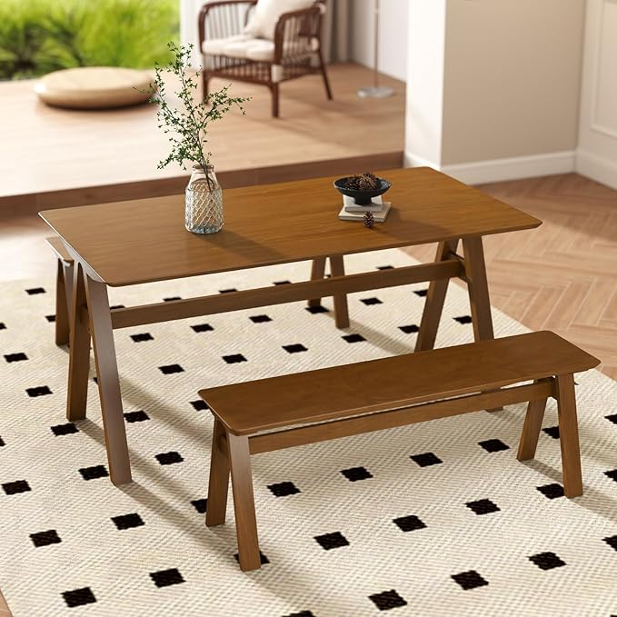 DUOMAY Wooden Dining Table with Bench Set, 59" Wide Rectangle Kitchen Table with 2 Long Benches for 4-6 for Home Small Space, Walnut Color