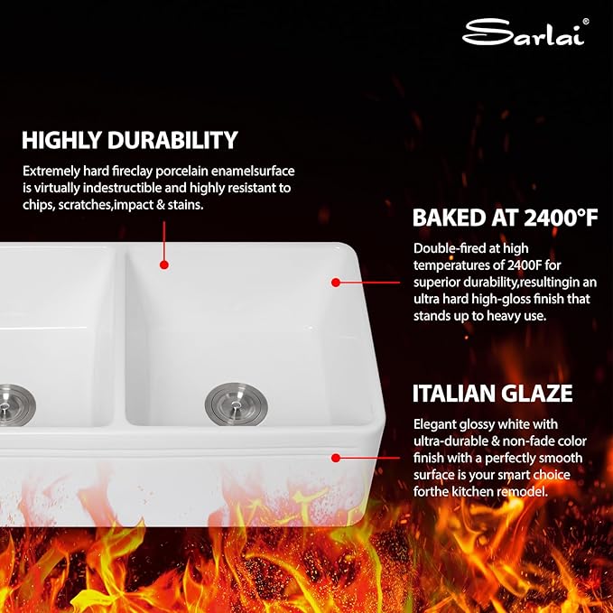 Sarlai 33 White Farmhouse Sink Double Bowl - 33x18 Inch Kitchen Sink Apron Front Double Bowl 50/50 White Porcelain Ceramic Fireclay Kitchen Farm Sinks