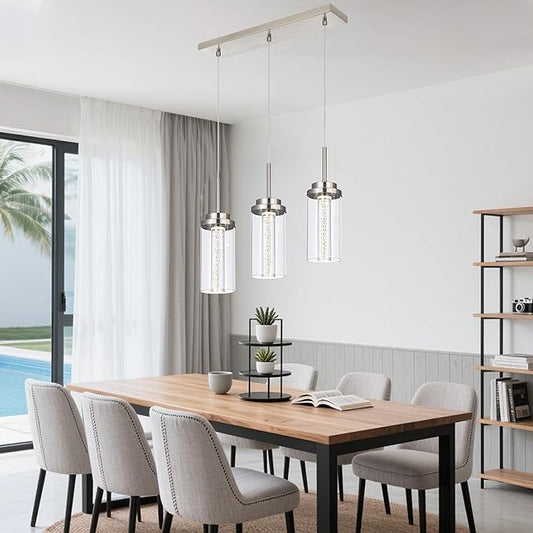 MELUCEE Modern LED Linear Pendant Light Brushed Nickel, 23IN Ceiling Chandelier Light Fixture Hanging with Clear Glass, 3000K-6000K Adjustable Color Temperature Island Light for Dining Room Kitchen