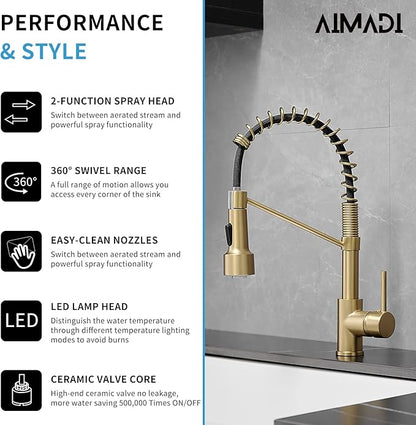 Gold Kitchen Faucet with Sprayer,AIMADI Modern Single Handle Spring Brushed Gold Pull Down Kitchen Faucet with LED Light