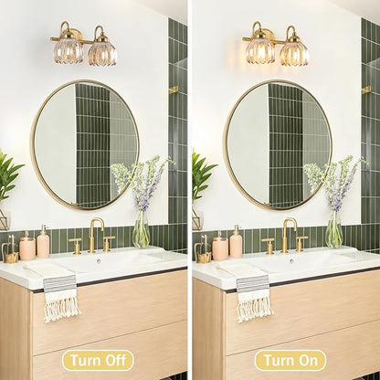 Vintage Bathroom Light Fixtures, Brass Vanity Lights with Amber Tulip Glass Shade, Vanity Sconces for Bathroom Bedroom Living Room Hallway, 2-Light