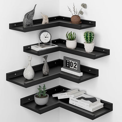 4-Tier L-Shaped Pine Wood Wall Shelf - Floating Corner Shelves with Lip, Black, Modern, Living Room, Bedroom, Bathroom Storage