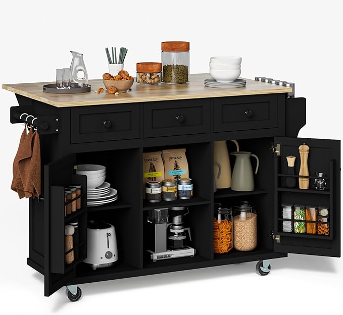 Rovibek Kitchen Island with Drawers 53 in Rolling Island Cart Mobile Portable Islands on Wheels Solid Wood Island with Storage Cabinet & Drawers, Jet Black
