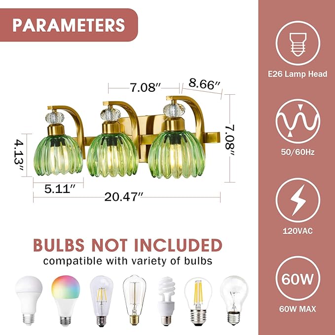 Vintage Bathroom Vanity Light Fixture 3 Lights Gold Bathroom Lighting with Green Glass Shade Mid Century Vanity Light Over Mirror for Kitchen Bedroom Living Room Farmhouse