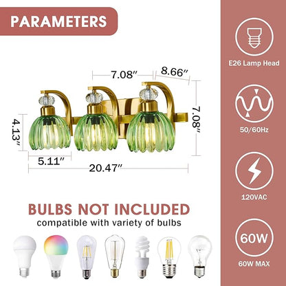 Vintage Bathroom Vanity Light Fixture 3 Lights Gold Bathroom Lighting with Green Glass Shade Mid Century Vanity Light Over Mirror for Kitchen Bedroom Living Room Farmhouse
