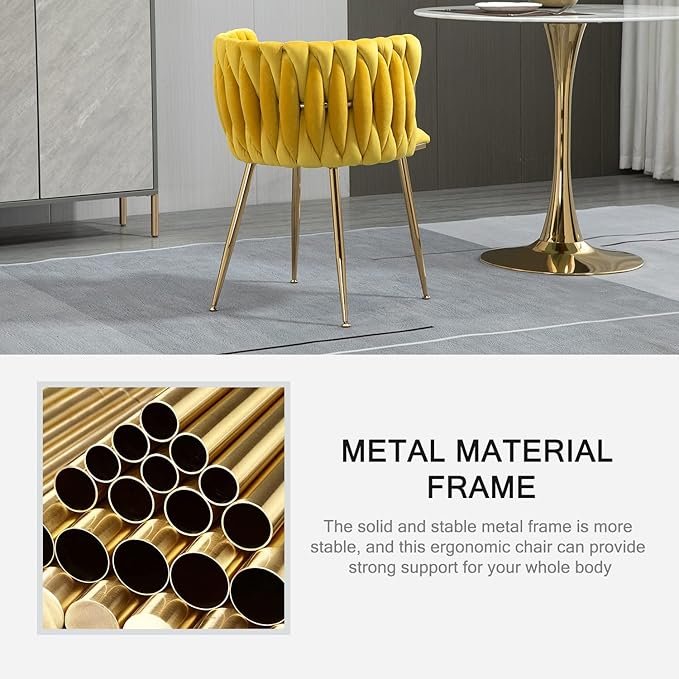 Nrizc Woven Dining Chairs Set of 6, Velvet Upholstered Dining Chairs with Gold Metal Legs, Modern Accent Chairs for Living Room, Dining Room, Kitchen (Yellow)