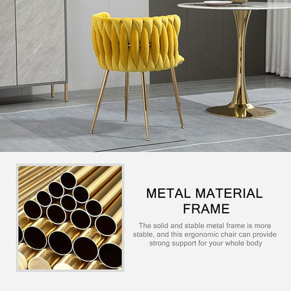 Nrizc Woven Dining Chairs Set of 6, Velvet Upholstered Dining Chairs with Gold Metal Legs, Modern Accent Chairs for Living Room, Dining Room, Kitchen (Yellow)