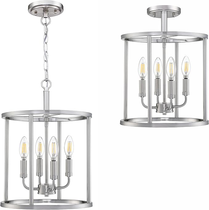 4 Light Hanging Lantern Pendant Light Fixture Geometric Chandelier,Brushed Nickel Finish Adjustable Chain Metal Cage Pendant Lighting for Kitchen Island Dining Room Foyer