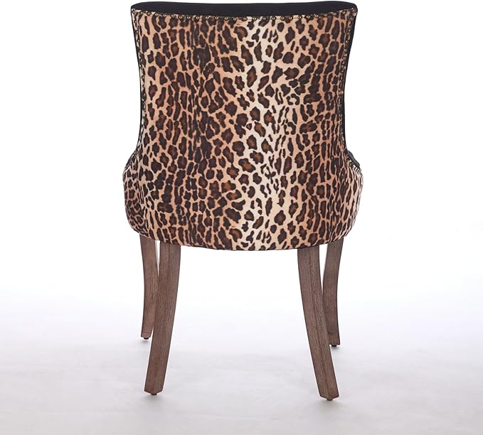 Ball & Cast Mid-century Upholstered Dining Chairs Set of 2, Thickened Fabric Wing Back Kitchen Side-Chairs with Bronze Nail Head & Toned Solid Wood Legs, Two Tone Traditional Chair,Black+Leopard Print