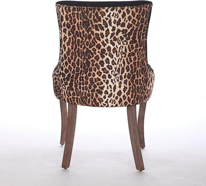 Ball & Cast Mid-century Upholstered Dining Chairs Set of 2, Thickened Fabric Wing Back Kitchen Side-Chairs with Bronze Nail Head & Toned Solid Wood Legs, Two Tone Traditional Chair,Black+Leopard Print