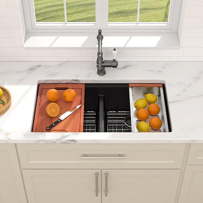 Dcolora 33 Inch Granite Composite Kitchen Sink Black Ktichen Sink Workstation 50/50 Double Bowl Quartz Under Counter Sinks Classic Matte Black 33“×19"×10，#DC-GX3328