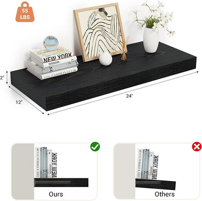 Heimlove 24 x 12 Inch Deep Floating Shelves Wall Mounted with Invisible Brackets,Storage Hanging Shelf for Wall Decor in Bathroom, Bedroom, Toilet, Kitchen, Living Room, Office Set of 1 (Black)