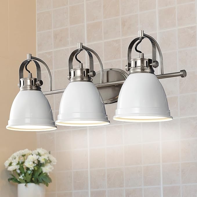 JONATHAN Y 25.5" White/Nickel 3-Light LED Vanity Light, Adjustable Wall Sconce for Bathroom Mirror, Farmhouse Bohemian Kitchen Light, Iron Black Bell Shade (JYL1116B)