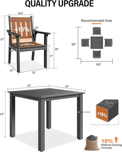 YEFU HIPS Patio Table Set: 5 Piece Outdoor Square Table and Chairs with Metal Aluminum Frame - Gray Modern Plastic Patio Dining Furniture Set 4 Person for Outside Deck