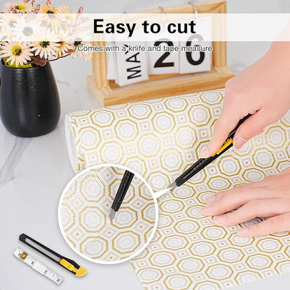 Drawer and Shelf Liner for Kitchen Cabinet,Non-Adhesive Cabinet Liner 18in x 30FT,Waterproof Shelf Paper Non-Slip Mats Cupboard Liners Contact Protect Dresser/Shelves/Table-Gold Octagonal