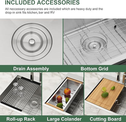 25x22 Drop In Kitchen Sink Workstation - Couoko 25 Inch 16 Gauge T304 Stainless Steel Drop In RV Bar Sink Large Deep Handmade Single Bowl Laundry Utility Sinks with Accessories, 25"x22"x9"