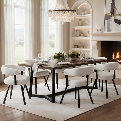 Modern Barrel Dining Chairs Set of 6, White Chenille Upholstered Dining Room Chairs with Arms, Comfy Kitchen Chairs with Black Metal Legs for Dinner Living Room