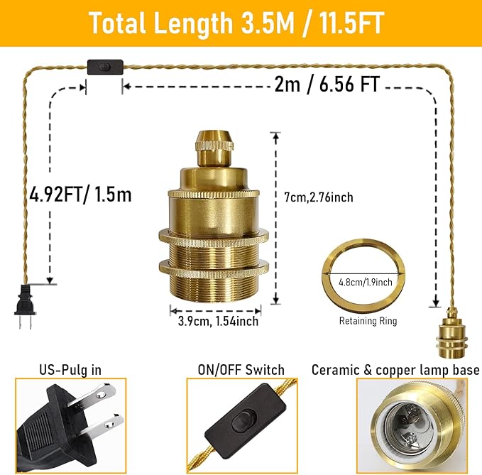 Gold Plug in Pendant Light Kit, Hanging Plug in Lights Fixture with Metal Ceramic E26 Socket, 11.5FT Hanging Lights Cord with On/Off Switch, Vintage DIY Pendant Lighting for Bedroom Kitchen