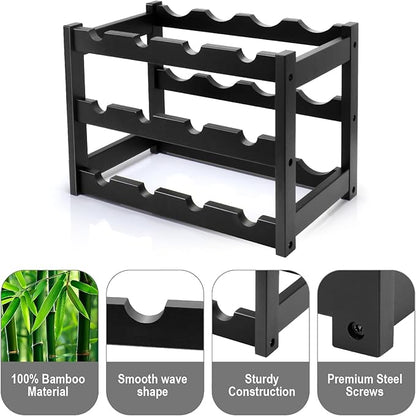 Bamboo Wine Rack, 3-Tier 12 Bottles Wine Storage Cabinet Shelf, Easy-Assembly Freestanding Bamboo Wine Racks Countertop for Kitchen Pantry Dining Room Bar, Black