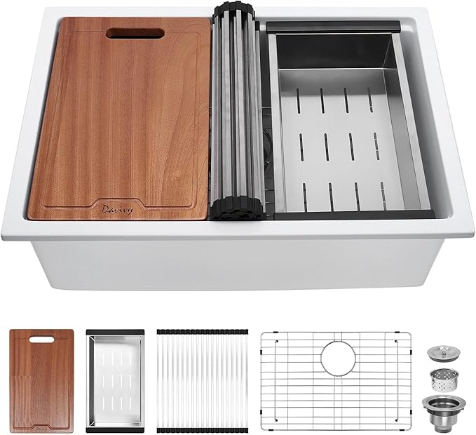 Davivy 27 Inch White Undermount Kitchen Sink Workstation, Dual Mount Granite Quartz Composite Kitchen Sink, Single Bowl with Accessories