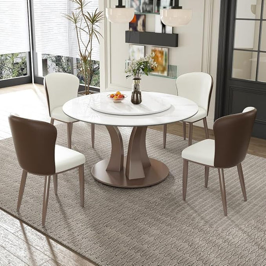 Modern Sintered Stone Dining Table for 6-8, Luxury Faux Marble Kitchen Table with Heavy-Duty Stainless Steel Base, Heat-Resistant Furniture for Dining Room (Table+4 Chairs,53'')