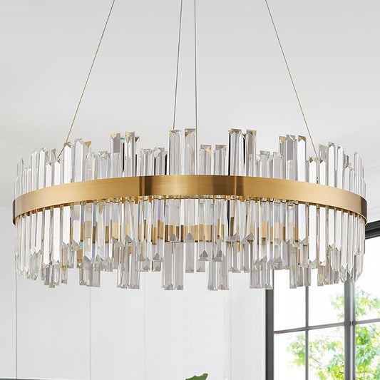 23.6" Dimmable Modern LED Crystal Chandeliers,Gold Chandelier Light Fixture, 3 Colors Contemporary Pendant Ceiling Light for Dining Room Living Room Kitchen Island Entryway Foyer ,With Remote Control
