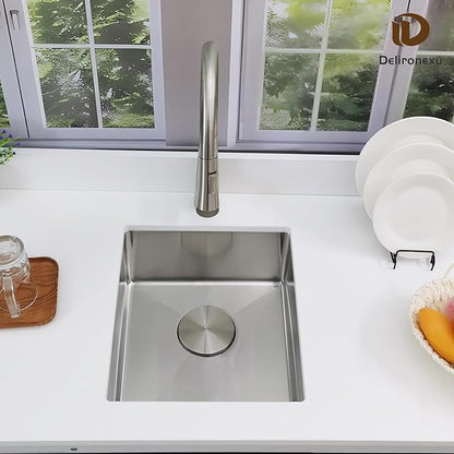 15 Inch Undermount Bar Sink, Delironexu 18 Gauge 304 Stainless Steel Small Bar Sink, 15" x 17" x 7" Prep/RV/Wet Sink with 3.5" Drain, Drain Assembly & Towel