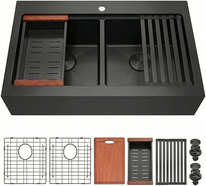 LQS Double Bowl Kitchen Sink, Undermount/Drop In Kitchen Sink, Double Bowl Stainless Steel Kitchen Sinks, 16 Gauge Stainless Steel Handmade Sinks (Black, 36" x 22" x 10")